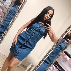 Denim black up body con strapless dress